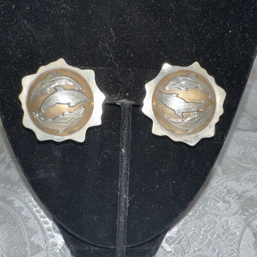 Vintage Dion Sterling Whale Two Tone Earrings